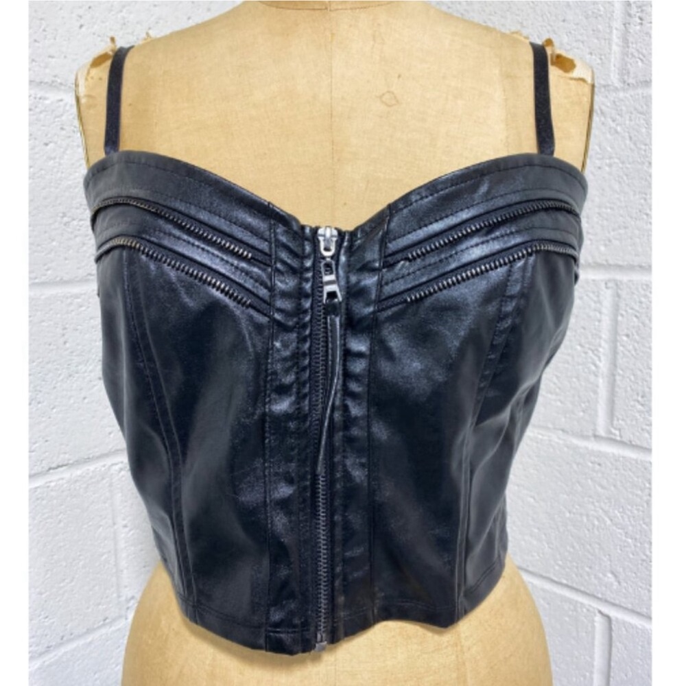 NWT Haunte Monde Faux Leather Zip Up Front Bustier Corset Cropped Top sz M Black